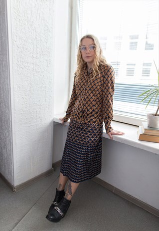 VINTAGE 80'S BROWN PATTERNED MIDI LONG SLEEVED DRESS