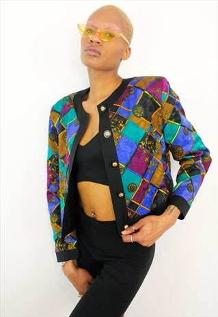 JACQUES VERT VINTAGE 1980S VIBRANT SCARF PRINT CROP JACKET