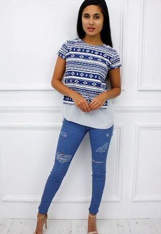 WOMENS LADIES SUMMER BLUE & WHITE EMBROIDERED STYLE BLOUSE
