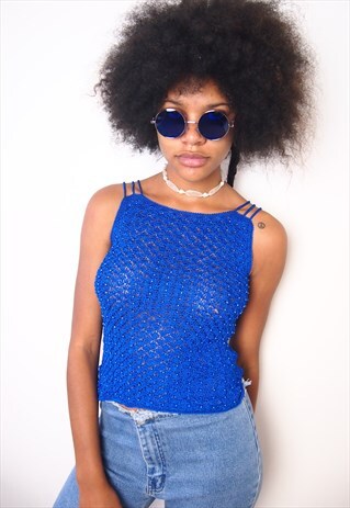 BLUE CROCHET TOP WITH BEADS