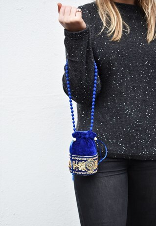 BLUE VELVET WRISTLET CLUTCH BAG WITH GOLD SILVER EMBROIDERY