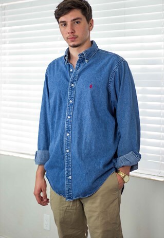 VINTAGE POLO RALPH LAUREN SHIRT DENIM LOGO 90S XL 20.5