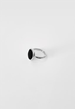 54 Floral Mini Contrast Circle Onyx Band Signet Ring - Silve
