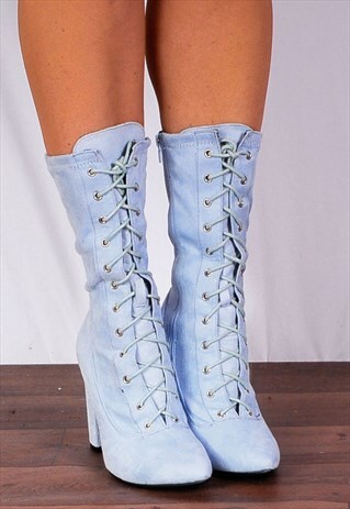 LIGHT BLUE LACE UPS STRETCH SOCK PULL ON ANKLE HIGH HEELS BO