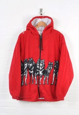 Vintage Hooded Fleece Wolf Print Sherpa Lined Red Ladies L