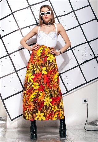 VINTAGE MAXI SKIRT 70S HAWAIIAN PALM PRINT HIPPIE SKIRT