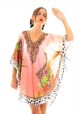 Leopard scarf print chiffon kaftan top in pink