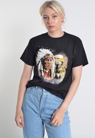 VINTAGE NATIVE AMERICAN GRAPHIC PRINT T-SHIRT BLACK