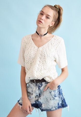 90'S RETRO OFF-WHITE KNITTED OVERSIZED MOMS TOP BLOUSE