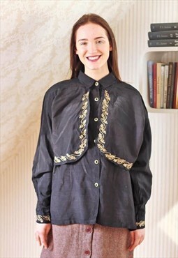 Black satiny vintage shirt with gold colour trim