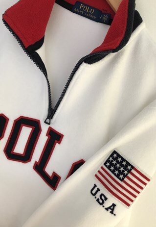 NEW RALPH LAUREN ARCTIC WHITE 1/4 ZIP SPELLOUT LOGO FLEEECE