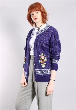 VINTAGE 80S PATTERNED FLORAL EMBROIDERED CARDIGAN