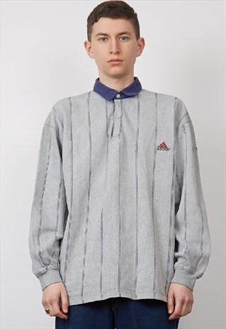 VINTAGE 80'S ADIDAS GREY PINSTRIPE POLO SWEATSHIRT