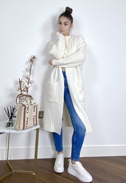 Cable knit design wool-blended long oversized cardigan