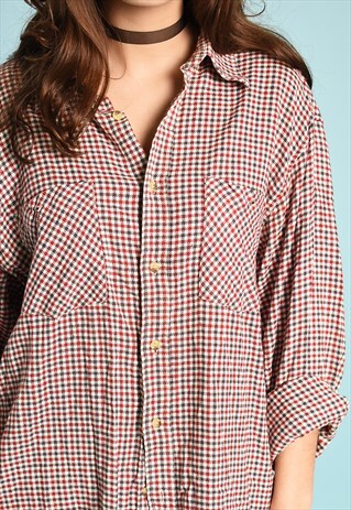 90'S RETRO CHECKED PRINT OVERSIZED BOYFRIENDS SHIRT TOP