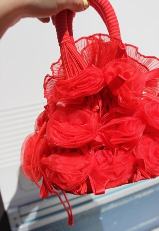 VINTAGE 90S HOT RED RIBBON LACE ROSE UNIQUE TRASHY HANDBAG