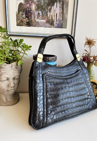 VINTAGE 60S FAUX LEATHER PARISIAN CHIC TOTE BAG BLACK