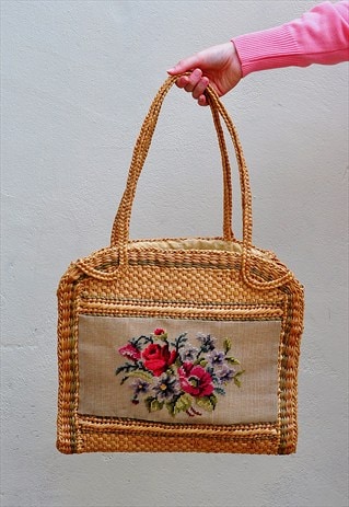 VINTAGE 1970'S OVERSIZE WICKER STRAW TOTE BAG