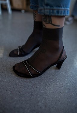 Vintage 90's Black Y2K Black Rhinestone Diamante Sandals