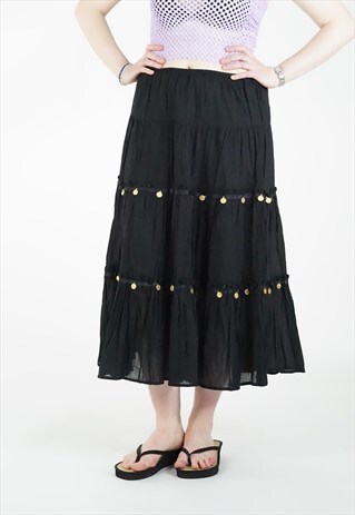 VINTAGE 90S Y2K BLACK BOHO FESTIVAL TIERED SKIRT