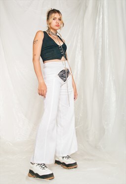 Vintage Flare Trousers Y2K Reworked Cut Out Pants in White