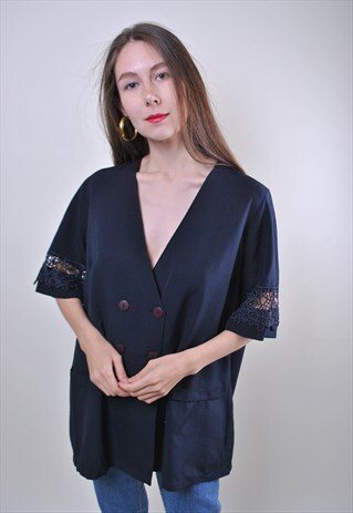 BLUE PLUS SIZE BLOUSE WITH LACE SLEEVE, DEEP DECOLLETE SHIRT