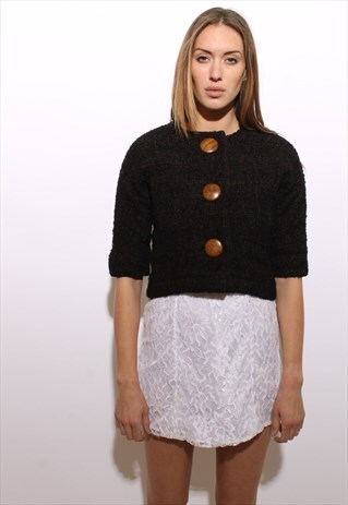 VINTAGE 1950'S 50'S CROPPED BOUCLE JACKET WOODEN BUTTON XS-S