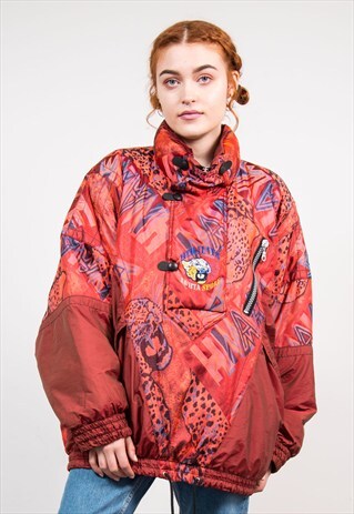 VINTAGE 90'S RED CRAZY PATTERN SKI COAT