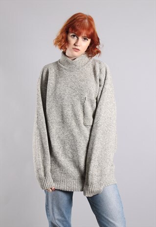 VINTAGE 80S GREY FUNNEL NECK OVERSIZE JUMPER