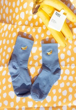 Ribbed Blue Banana Fruit Embroidered Socks