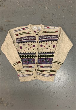 Vintage Abstract Knitted Cardigan Flower Patterned Knit