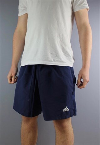 VINTAGE ADIDAS SHORTS IN NAVY WITH POCKETS, EMBROIDERED LOGO