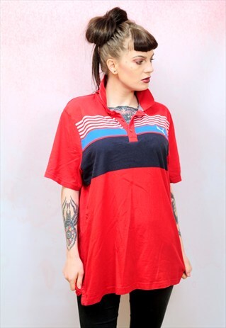 1990S VINTAGE RED WITH BLUE BRANDED SPORT POLO T-SHIRT