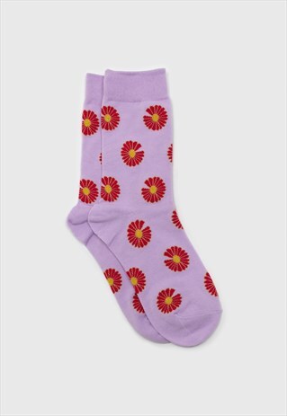 LILAC AND RED DAISY PRINT SOCKS