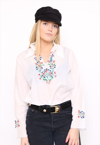 VINTAGE 70S WHITE BOHO EMBROIDERED FLORAL TOP