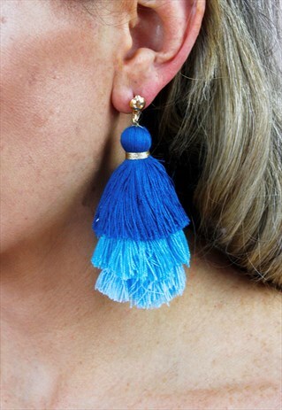 BLUE OMBRE TASSEL FRINGE DROP CHANDELIER EARRINGS