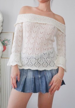 vintage balletcore cream crochet knit off shoulder jumper