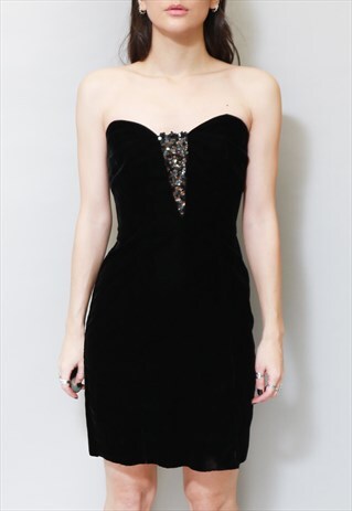 VINTAGE 1980'S BLACK VELVET STRAPLESS MINI DRESS