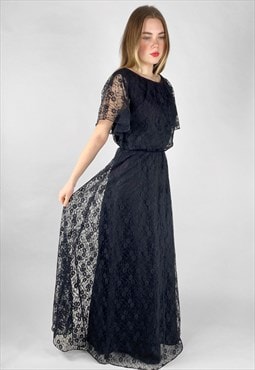 70's Vintage Ladies Black Lace Maxi Dress