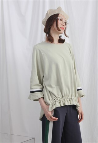 (KOREAN) CONTRAST STRIPED TRIM BELL SLEEVE JERSEY TOP