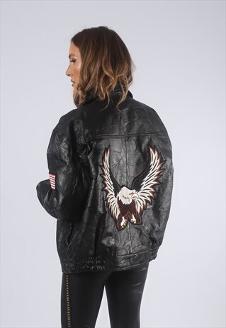 VINTAGE USA EAGLE LEATHER BOMBER JACKET UK 16 (G2K)