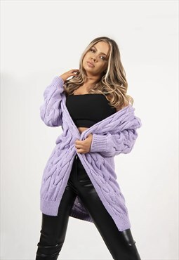 Lilac Cable Knit Hooded Cardigan
