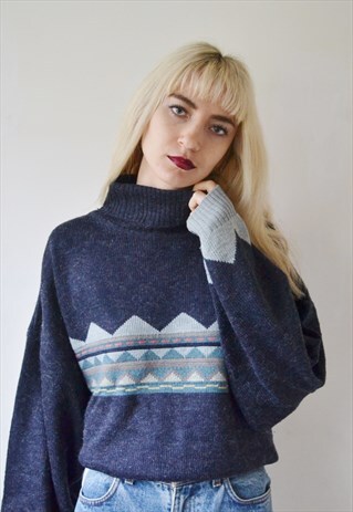 VINTAGE ROLL NECK JUMPER KNIT PATTERNED SWEATER OVERSIZED