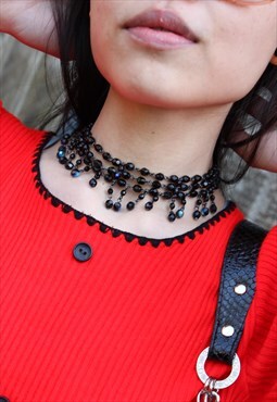 Vintage Black Beaded Necklace Chocker 