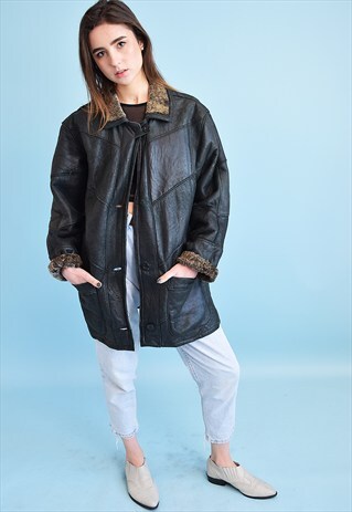 VINTAGE 80'S RETRO FAUX LEATHER & FAUX FUR SHEARLING JACKET