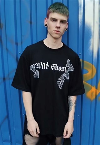Ghost patch t-shirt flock Casper cartoon mesh tee in black