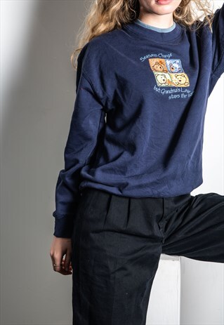 VINTAGE SWEATER IN NAVY BLUE WITH SEASONS CHANGE EMBROIDERY