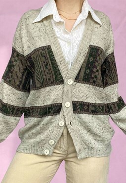 Vintage 80s Grandad Knit Cardigan in Grey Stripe L
