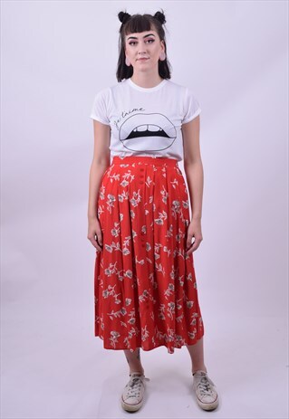 VINTAGE 80'S RED GREY FLOWER PRINT GRANNY SKIRT SIZE 10 12