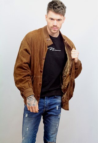 1980'S VINTAGE OVERSIZED SUEDE BOMBER JACKET IN BROWN